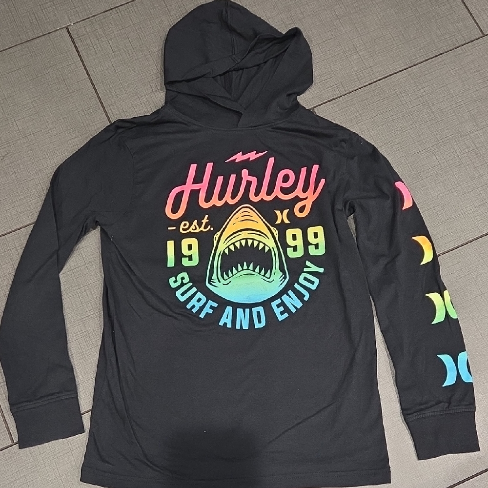 Hurley Black Hoodie with Vibrant Shark Graphic